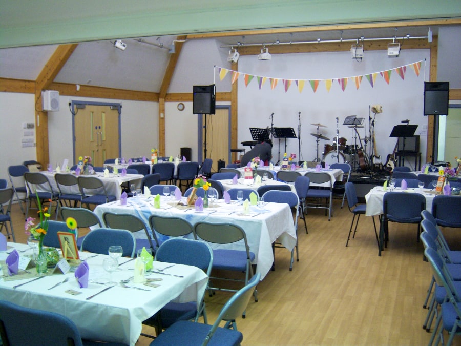 Petham Village Hall with tables laid and band set up